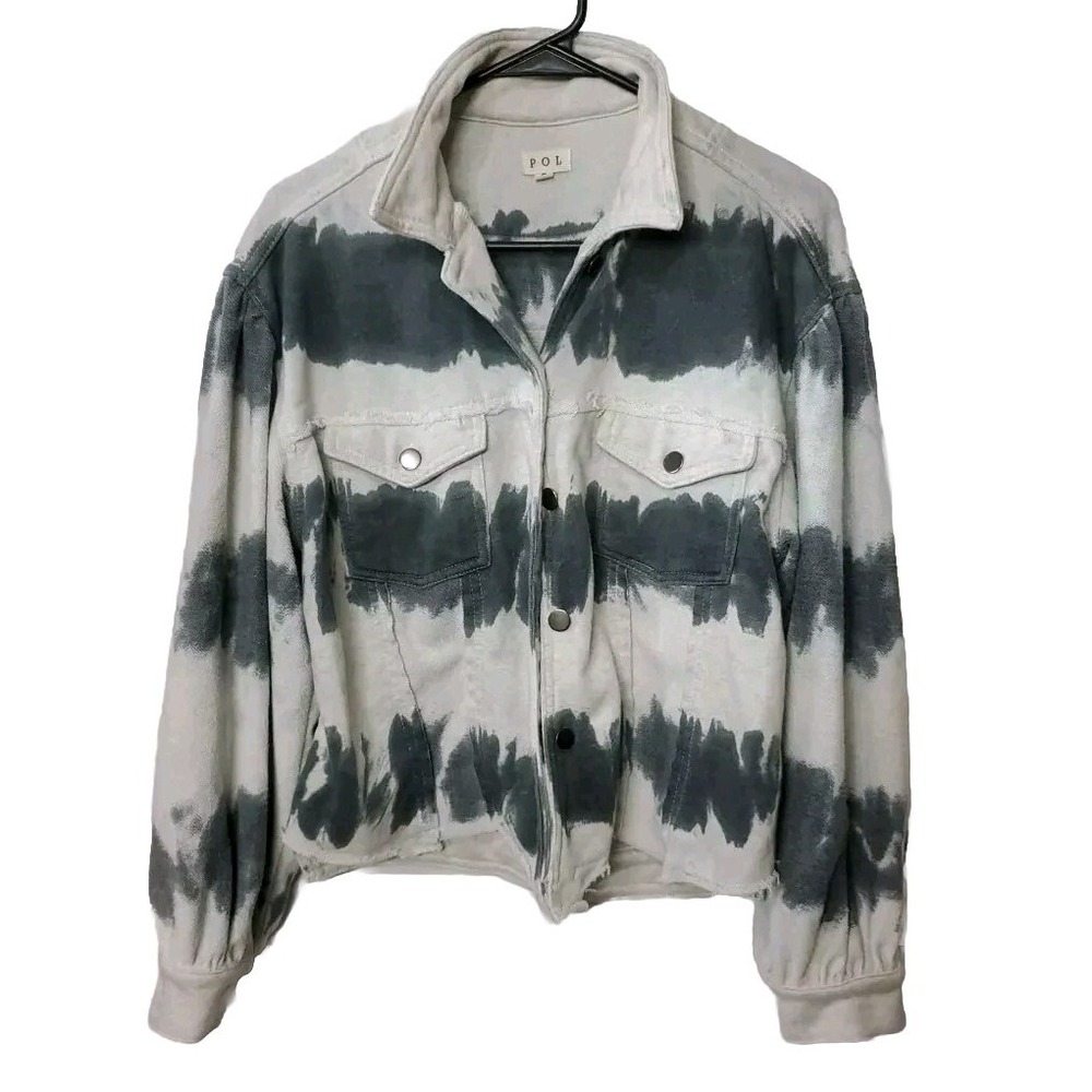 POL Tie Dye Fleece Jacket Gray Charcoal Sz S Cropped Raw Front Hem Boxy Oversize